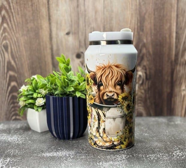 Highland Cow Tumbler, Sunflower Design, 64oz Water Bottle